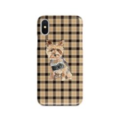 Yorkshire Terrier Tartan phone case. 11 Tartan styles for your Iphone 15 Pro Max, Iphone 14, 13, 12 to 6 & Samsung Galaxy S23 Ultra, S22, S21 to S6 19 adventure dogs tartan case yorkshire terrier brown tartan front view