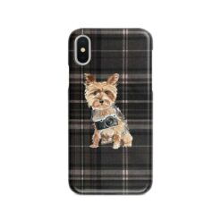 Yorkshire Terrier Tartan phone case. 11 Tartan styles for your Iphone 15 Pro Max, Iphone 14, 13, 12 to 6 & Samsung Galaxy S23 Ultra, S22, S21 to S6 20 adventure dogs tartan case yorkshire terrier dark tartan front view