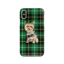 Yorkshire Terrier Tartan phone case. 11 Tartan styles for your Iphone 15 Pro Max, Iphone 14, 13, 12 to 6 & Samsung Galaxy S23 Ultra, S22, S21 to S6 22 adventure dogs tartan case yorkshire terrier green tartan front view