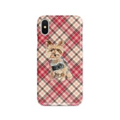 Yorkshire Terrier Tartan phone case. 11 Tartan styles for your Iphone 15 Pro Max, Iphone 14, 13, 12 to 6 & Samsung Galaxy S23 Ultra, S22, S21 to S6 25 adventure dogs tartan case yorkshire terrier pink front view
