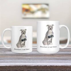 Adventure is out there American Staffordshire terrier grey dog mug (Illustrated collection) 12 adventure is out there dog mug american staffordshire terrier grey 11oz and 15oz comparison tv room