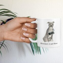 Adventure is out there American Staffordshire terrier grey dog mug (Illustrated collection) 17 adventure is out there dog mug american staffordshire terrier grey hand holding plant
