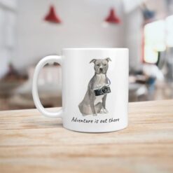 Adventure is out there American Staffordshire terrier grey dog mug (Illustrated collection) 14 adventure is out there dog mug american staffordshire terrier grey handle left kitchen
