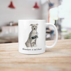 Adventure is out there American Staffordshire terrier grey dog mug (Illustrated collection) 18 adventure is out there dog mug american staffordshire terrier grey handle right kitchen