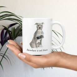 Adventure is out there American Staffordshire terrier grey dog mug (Illustrated collection) 19 adventure is out there dog mug american staffordshire terrier grey mug in hand plant