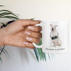 adventure is out there dog mug american staffordshire terrier hand holding plant