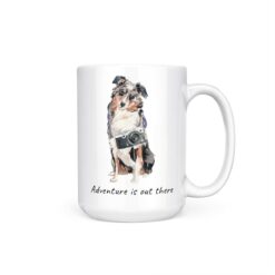 Adventure is out there Australian Shepherd dog mug (Illustrated collection) 15 adventure is out there dog mug australian shepherd 15oz handle right white