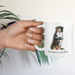 Adventure is out there Bernese Mountain Dog dog mug (Illustrated collection) 17 adventure is out there dog mug bernese mountain dog hand holding plant