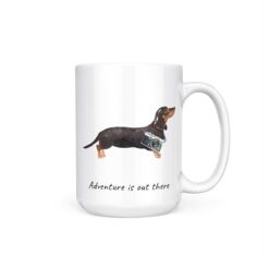 Adventure is out there Black & Tan Dachshund dog mug (Illustrated collection) 15 adventure is out there dog mug black tan dachshund 15oz handle right white