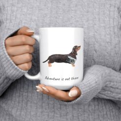 Adventure is out there Black & Tan Dachshund dog mug (Illustrated collection) 13 adventure is out there dog mug black tan dachshund 15oz jumper front