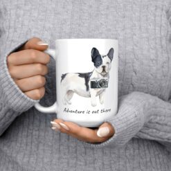 Adventure is out there Black&white French bulldog dog mug (Illustrated collection) 13 adventure is out there dog mug blackwhite french bulldog 15oz jumper front