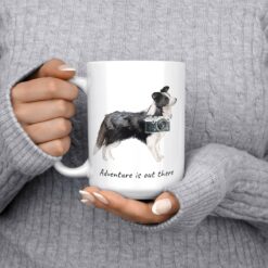 Adventure is out there Border Collie dog mug (Illustrated collection) 13 adventure is out there dog mug border collie 15oz jumper front
