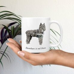 adventure is out there dog mug bouvier des flandres mug in hand plant