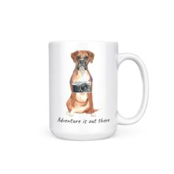 Adventure is out there Boxer dog mug (Illustrated collection) 15 adventure is out there dog mug boxer 15oz handle right white