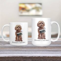 adventure is out there dog mug brown cockapoo 11oz and 15oz comparison tv room