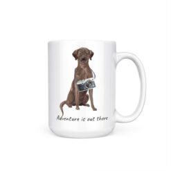 Adventure is out there Brown Labrador retriever dog mug (Illustrated collection) 15 adventure is out there dog mug brown labrador retriever 15oz handle right white