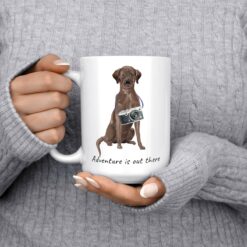 Adventure is out there Brown Labrador retriever dog mug (Illustrated collection) 13 adventure is out there dog mug brown labrador retriever 15oz jumper front