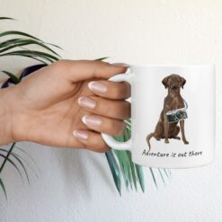 Adventure is out there Brown Labrador retriever dog mug (Illustrated collection) 17 adventure is out there dog mug brown labrador retriever hand holding plant