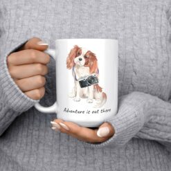 Adventure is out there Cavalier King Charles Spaniel dog mug (Illustrated collection) 13 adventure is out there dog mug cavalier king charles spaniel 15oz jumper front