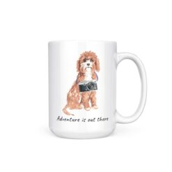 Adventure is out there Cavapoo dog mug (Illustrated collection) 15 adventure is out there dog mug cavapoo 15oz handle right white