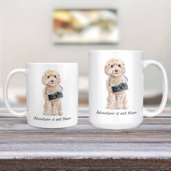 Adventure is out there Champagne cockapoo dog mug (Illustrated collection) 12 adventure is out there dog mug champagne cockapoo 11oz and 15oz comparison tv room