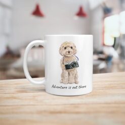 Adventure is out there Champagne cockapoo dog mug (Illustrated collection) 14 adventure is out there dog mug champagne cockapoo handle left kitchen