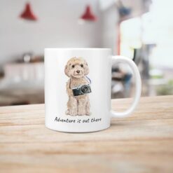Adventure is out there Champagne cockapoo dog mug (Illustrated collection) 18 adventure is out there dog mug champagne cockapoo handle right kitchen