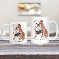 adventure is out there dog mug english bulldog 11oz and 15oz comparison tv room