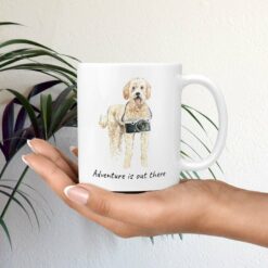 adventure is out there dog mug golden doodle mug in hand plant