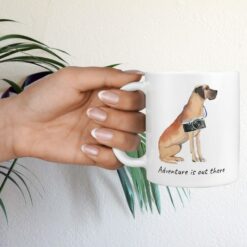 adventure is out there dog mug great dane hand holding plant