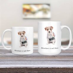 Adventure is out there Jack Russell dog mug (Illustrated collection) 12 adventure is out there dog mug jack russel 11oz and 15oz comparison tv room