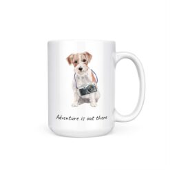 Adventure is out there Jack Russell dog mug (Illustrated collection) 15 adventure is out there dog mug jack russel 15oz handle right white
