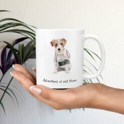 Adventure is out there Jack Russell dog mug (Illustrated collection) 19 adventure is out there dog mug jack russel mug in hand plant