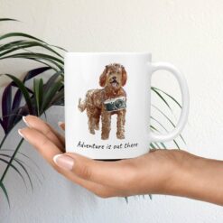 adventure is out there dog mug labradoodle mug in hand plant