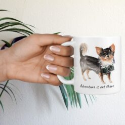 adventure is out there dog mug long haired chihuahua hand holding plant