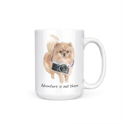Adventure is out there Pomeranian dog mug (Illustrated collection) 15 adventure is out there dog mug pomeranian 15oz handle right white