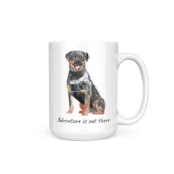 Adventure is out there Rottweiler dog mug (Illustrated collection) 15 adventure is out there dog mug rottweiler 15oz handle right white