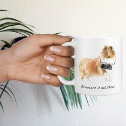 Adventure is out there Rough Collie dog mug (Illustrated collection) 17 adventure is out there dog mug rough collie hand holding plant