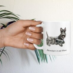 adventure is out there dog mug scottish terrier hand holding plant