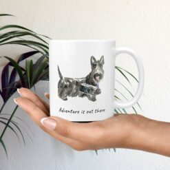 adventure is out there dog mug scottish terrier mug in hand plant