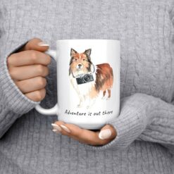 Adventure is out there Shetland Sheepdog dog mug (Illustrated collection) 13 adventure is out there dog mug shetland sheepdog 15oz jumper front