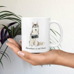 adventure is out there dog mug siberian husky mug in hand plant