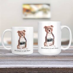 Adventure is out there Staffordshire Bull Terrier dog mug (Illustrated collection) 12 adventure is out there dog mug staffordshire bull terrier 11oz and 15oz comparison tv room