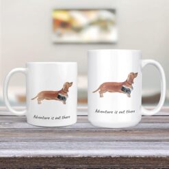 Adventure is out there Tan Dachshund dog mug (Illustrated collection) 12 adventure is out there dog mug tan dachshund 11oz and 15oz comparison tv room