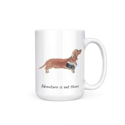 Adventure is out there Tan Dachshund dog mug (Illustrated collection) 15 adventure is out there dog mug tan dachshund 15oz handle right white