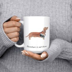 Adventure is out there Tan Dachshund dog mug (Illustrated collection) 13 adventure is out there dog mug tan dachshund 15oz jumper front