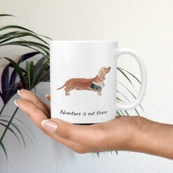 Adventure is out there Tan Dachshund dog mug (Illustrated collection) 19 adventure is out there dog mug tan dachshund mug in hand plant