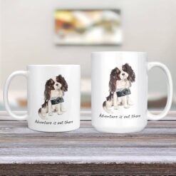 Adventure is out there Tri colour King Charles Spaniel dog mug (Illustrated collection) 12 adventure is out there dog mug tri colour king charles spaniel 11oz and 15oz comparison tv room