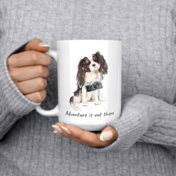 Adventure is out there Tri colour King Charles Spaniel dog mug (Illustrated collection) 13 adventure is out there dog mug tri colour king charles spaniel 15oz jumper front