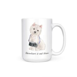 Adventure is out there Westie dog mug (Illustrated collection) 15 adventure is out there dog mug westie 15oz handle right white